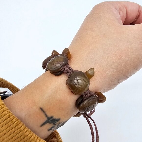 Vintage Hand Carved Stone Turtle Adjustable Rope Bracelet, Brown, One Size - Picture 6 of 12